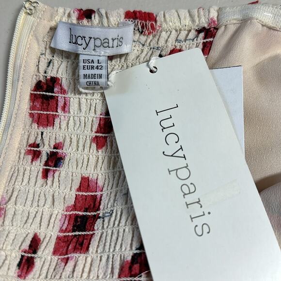 Lucy Paris One Shoulder Midi Dress Cream Red Floral Ruffles Feminine Cocktail L - Picture 10 of 16